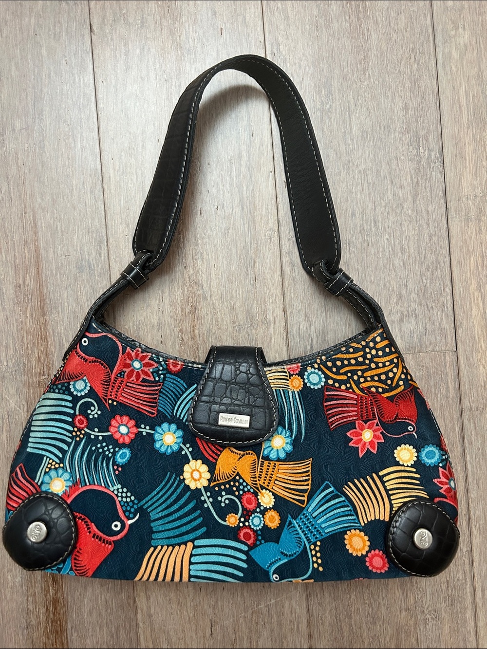 Pineda Covalin Mexico Artsy Patterned Bird-Print Shoulder Bag with Black Trim
